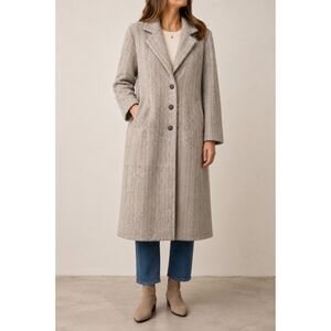 Vintage Stephanie Mathews 100% Wool Herringbone‎ Coat Gray Long Jacket USA 16